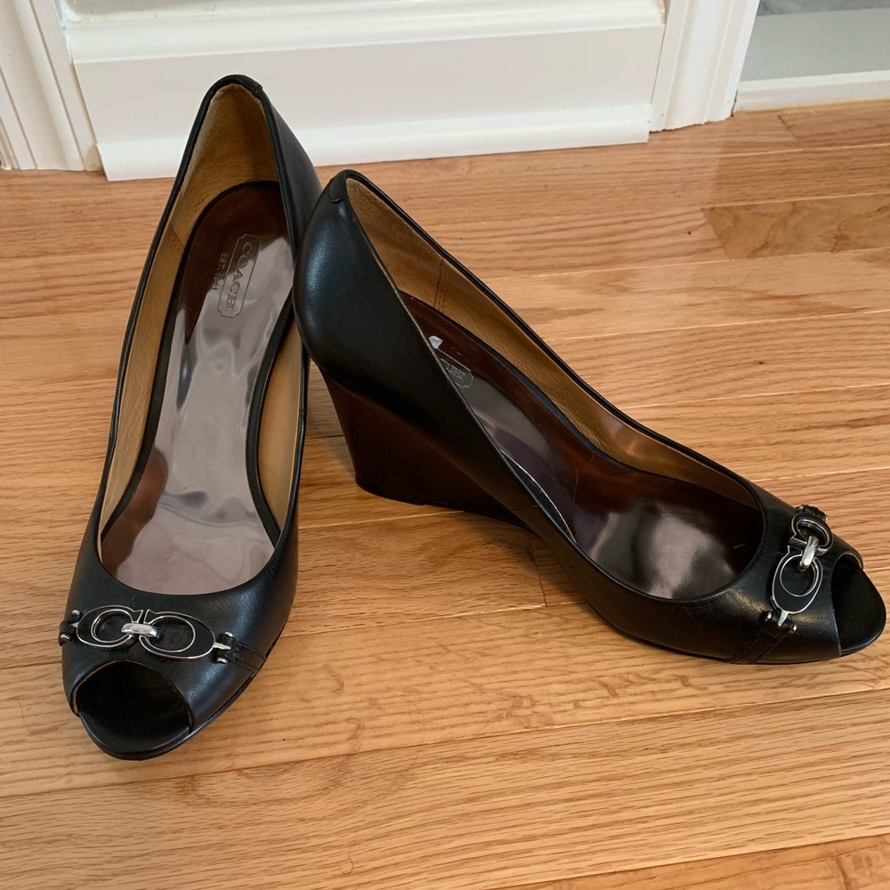 Black Peep-Toe Wedge Pumps with Silver Hardware - Women's